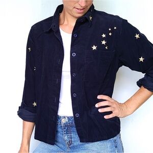Y2K 90s Embroidered Star Navy Corduroy Button front shirt
